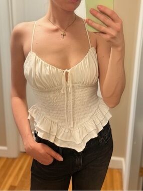 Ivory Smocked Ruffle Cami - Corset Style Babydoll Top - NWOT